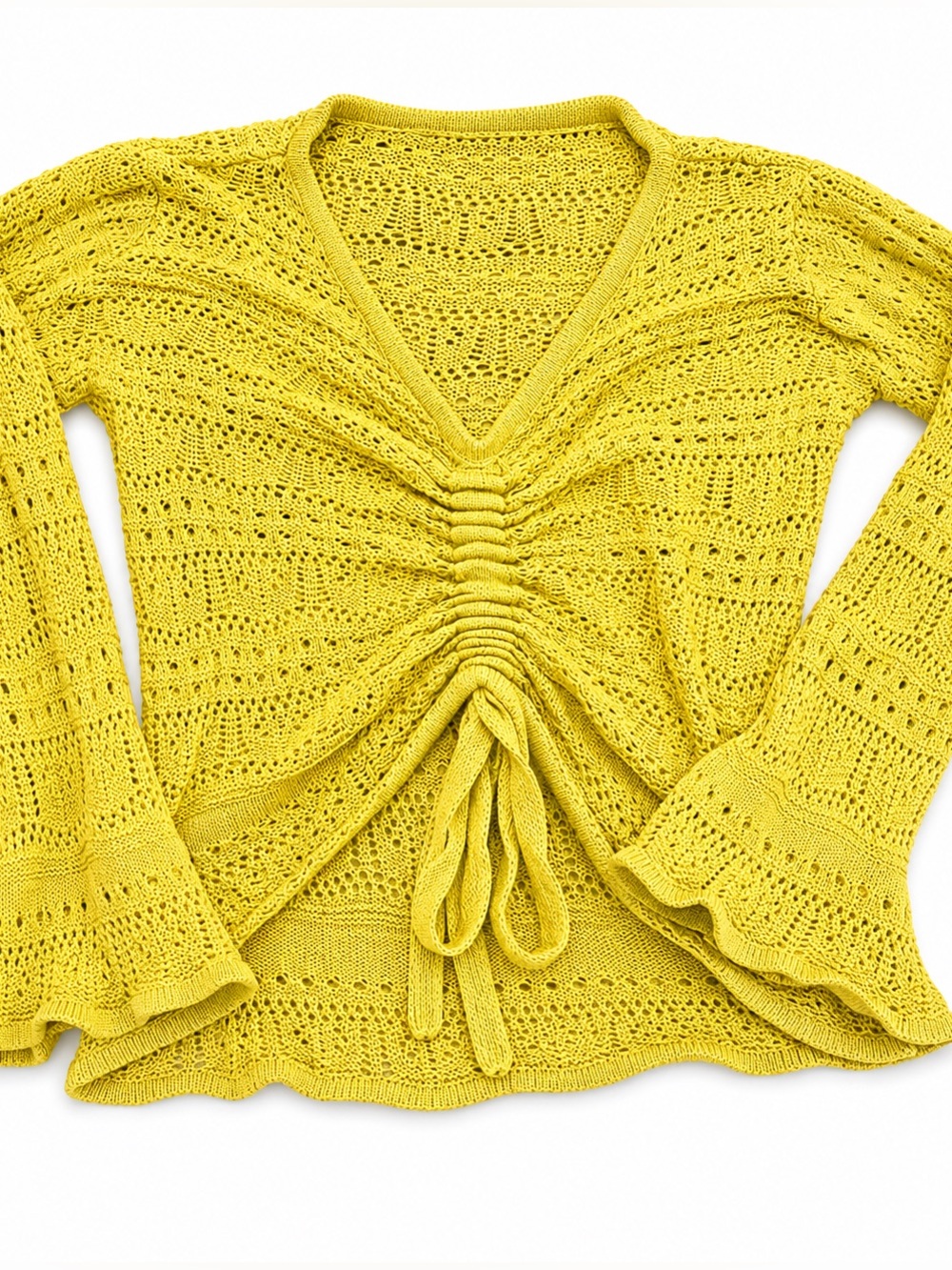 Lime Green Crochet Ruched Tie-Front Boho Top. Size S - Picture 2 of 7